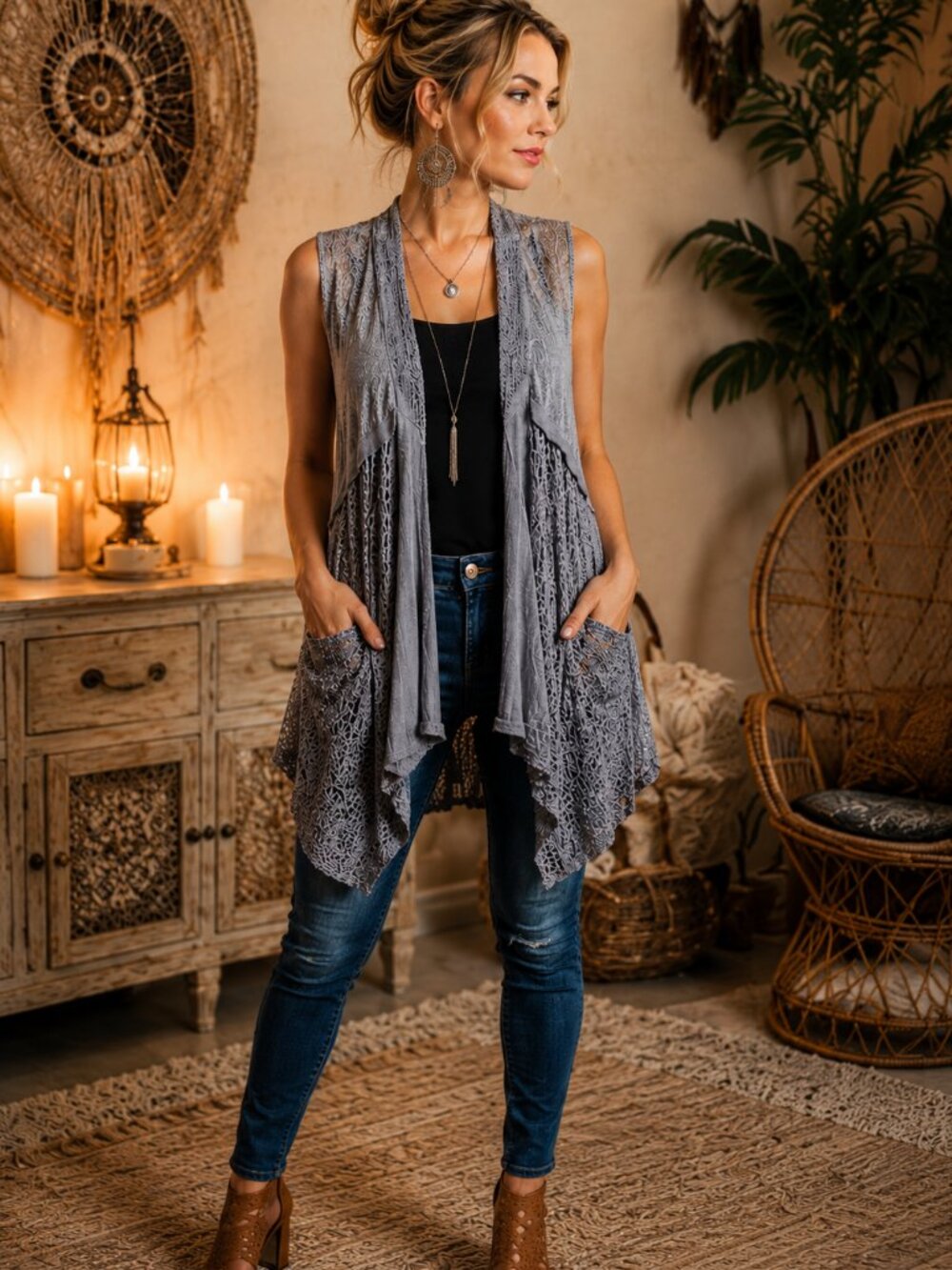Simply Couture Boho Lace Duster Vest Layered Open Front Festival Chic Size L